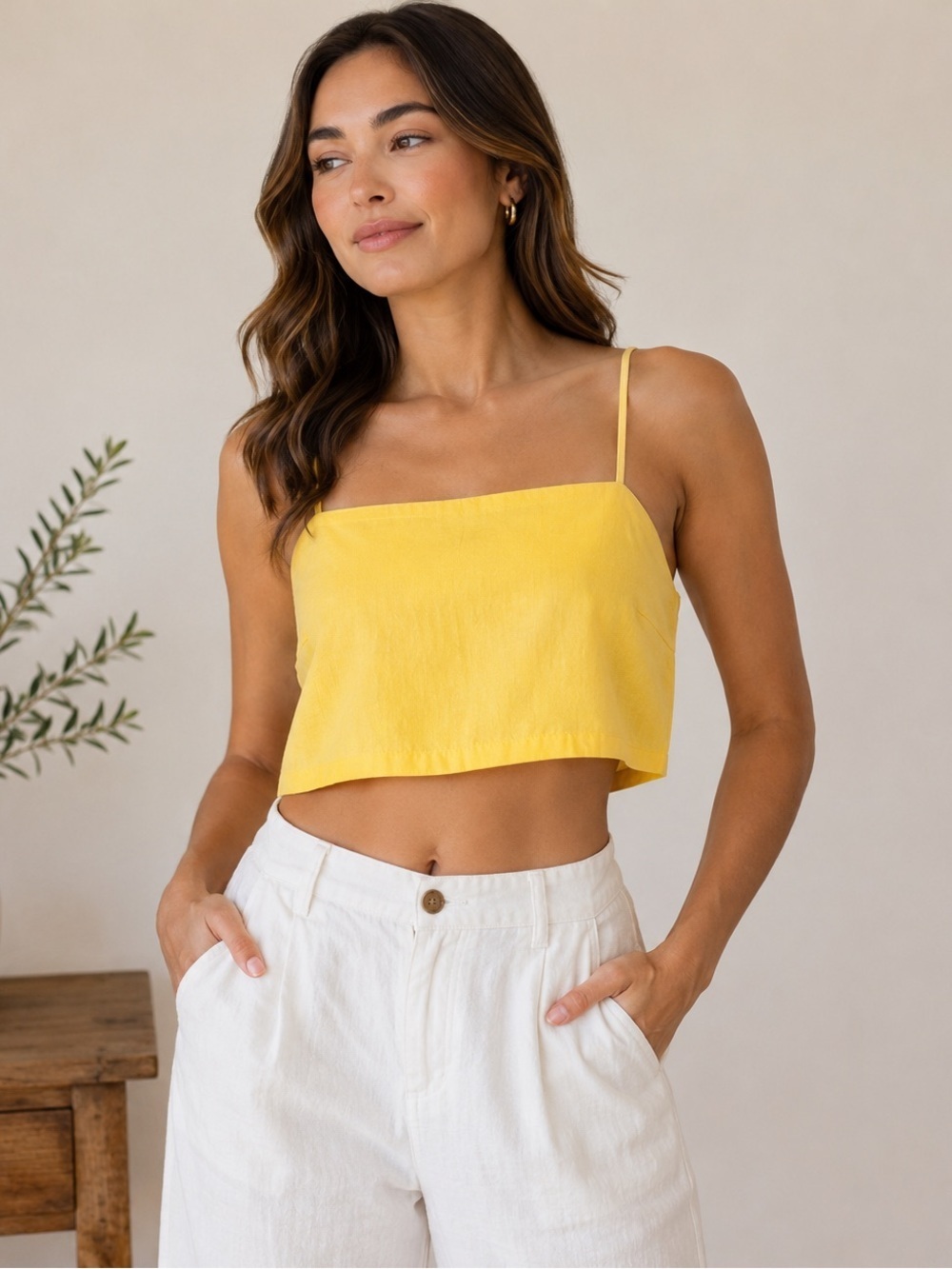 Banana Republic NWT Yellow 100% Cotton Spaghetti Strap Square Neck Crop Top XL